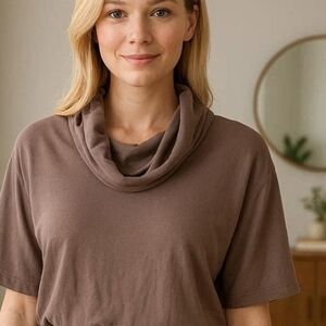 DKNY Vintage Mocha Brown Cowl Neck Short Sleeve Lightweight Sweater size S